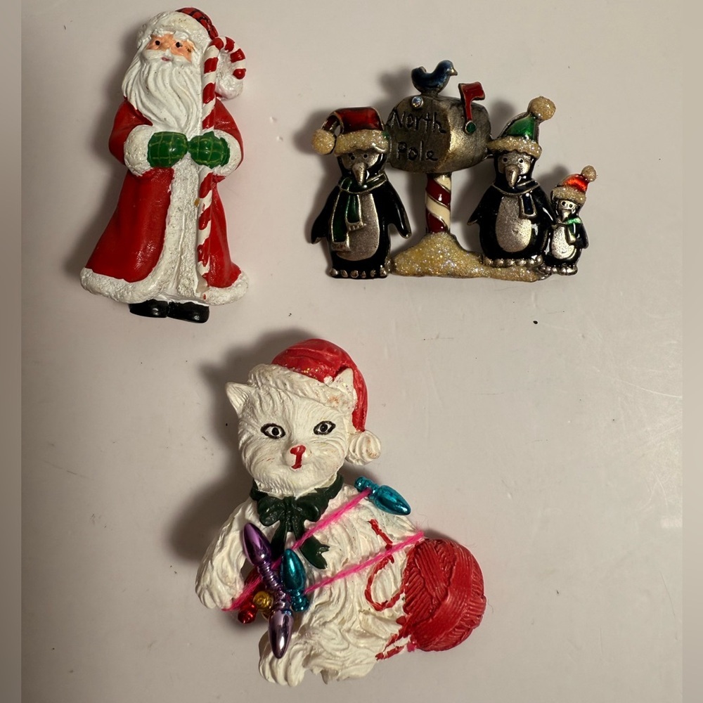 Vintage Holiday Brooches / Penguin KC, Cat & Santa Lot Christmas Costume Jewelry